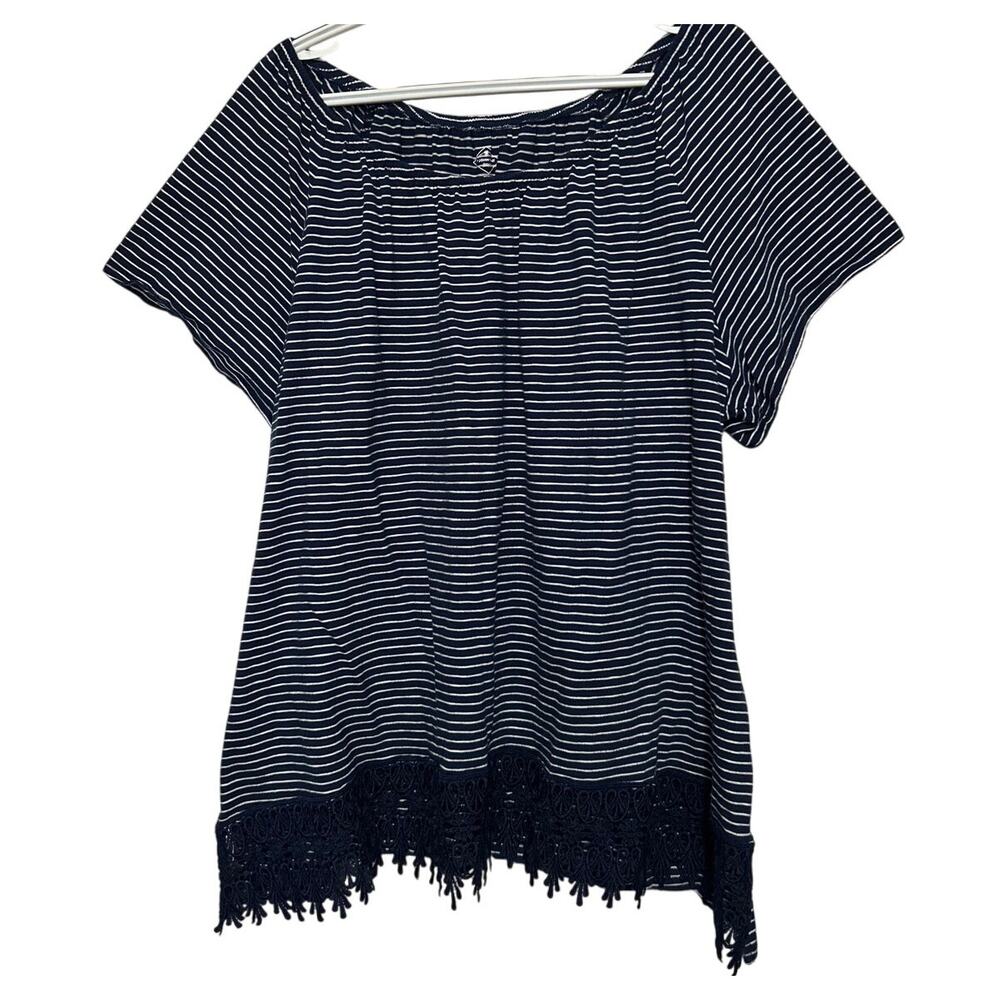 St John's Bay Women's Navy White Stripes Short Sleeve‎ Blouse Lace Hem Size 3X